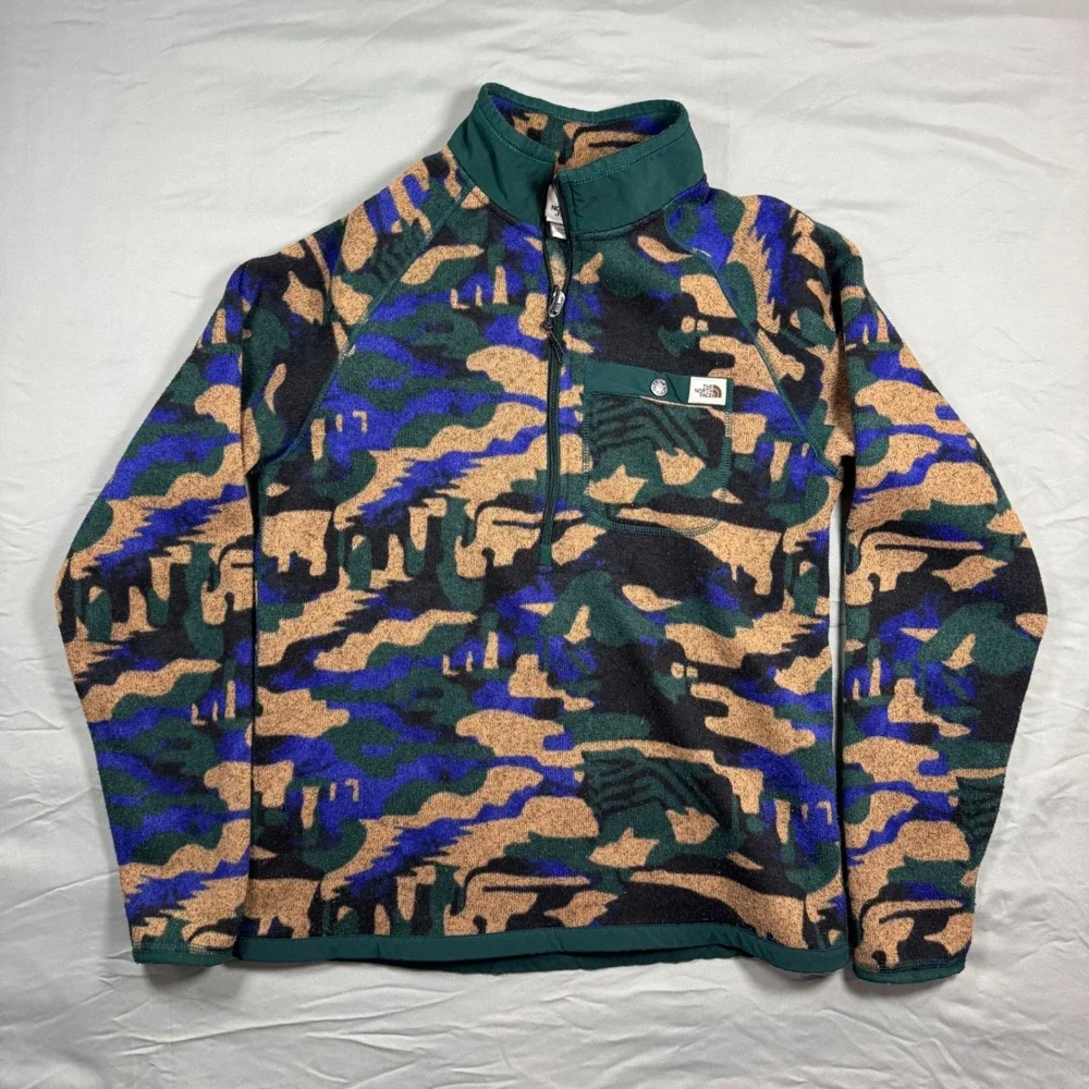 North Face Fleece Men's S Gordon Lyons Print 1/4 Zip Pullover Camo Green Blue